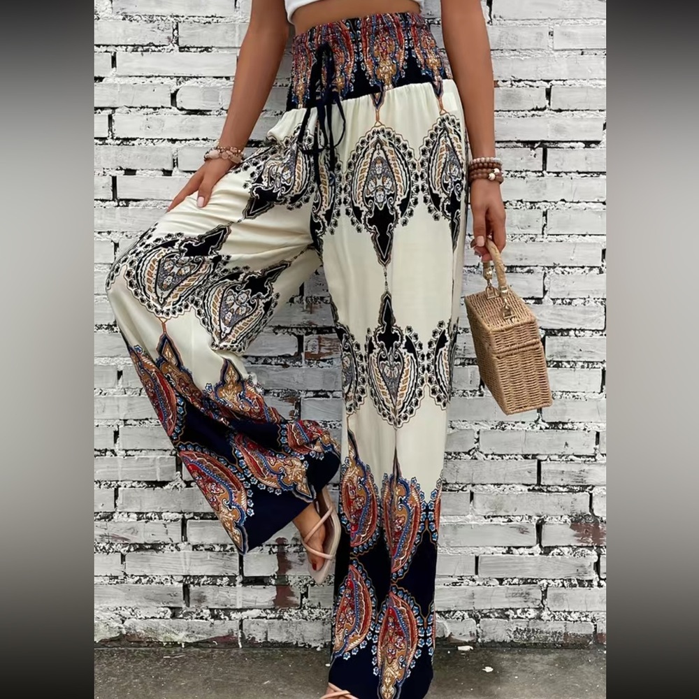 Plus size boho  paisley floral print belted wide leg pants - Picture 6 of 6